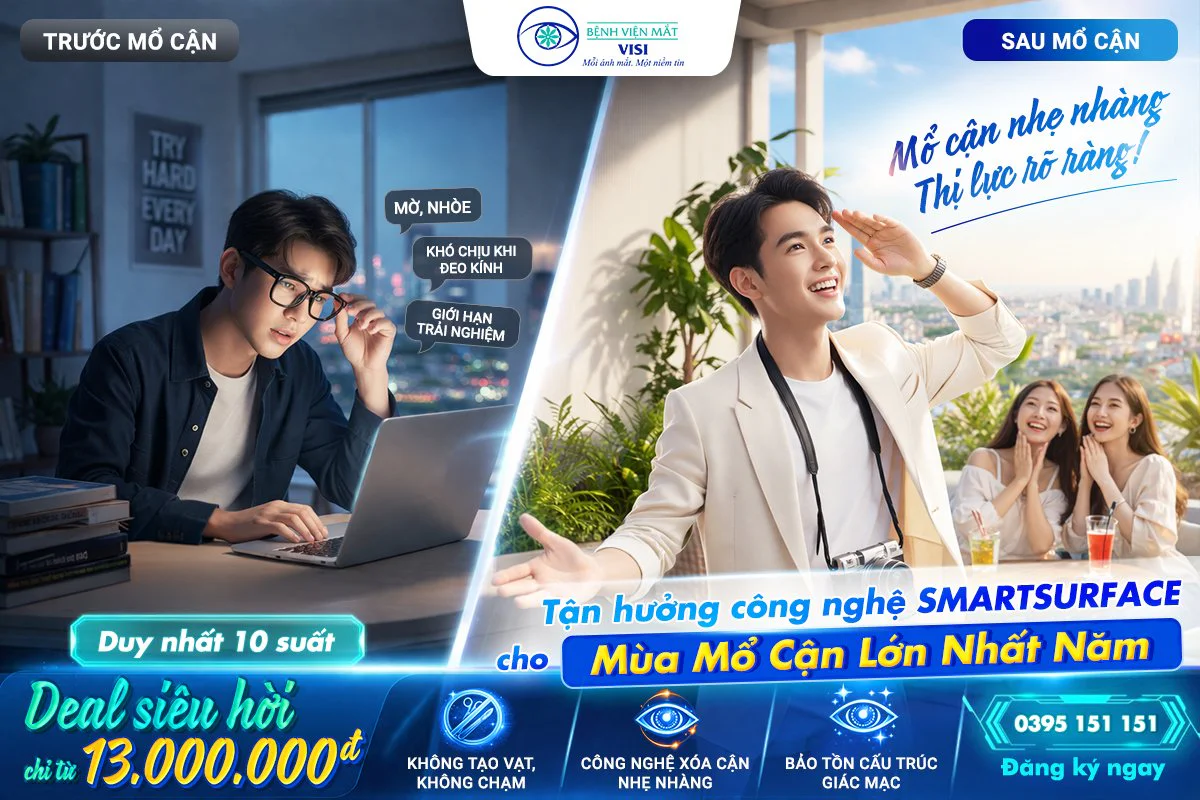 Bạn vẫn đang loay hoay với cặp kính dày cộm, mờ nhòe? Hay khao khát tầm nhìn trong veo để tự tin chinh phục mọi mục tiêu?. Bạn là sinh viên và lo ngại về chi phí mổ cận?. Đừng lo vì bạn đã bước vào mùa xóa cận lớn nhất năm của VISI.  CƠ HỘI THÁO KÍNH CÓ 1-0-2!  Chỉ 10 SUẤT ưu đãi sốc để tháo kính, sở hữu tầm nhìn sắc nét  Từ 13.000.000đ! để trải nghiệm công nghệ tiên tiến - SMARTSURFACE