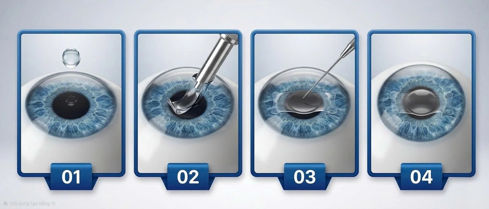 Quá trình mổ Phakic diễn ra nhanh chóng (khoảng 20 – 30 phút cho cả 2 mắt) với thao tác nhẹ nhàng, ít xâm lấn,. Quy trình cơ bản gồm các bước:  Bước 1: Chuẩn bị thấu kính: Thấu kính được đặt sản xuất riêng tại nước ngoài (Thụy Sĩ hoặc Anh) dựa trên thông số mắt của bệnh nhân.  Bước 2: Tạo đường mổ nhỏ: Bác sĩ sẽ rạch một vết mổ siêu nhỏ chỉ từ 2.2 mm – 2.8 mm (hoặc khoảng 3 mm) ở khu vực rìa giác mạc.  Bước 3: Đặt thấu kính: Thấu kính nội nhãn được đưa vào trong mắt qua đường rạch nhỏ này và được định vị chính xác ở vị trí nằm sau mống mắt và trước thủy tinh thể tự nhiên.  Bước 4: Hoàn tất: Vì vết mổ rất nhỏ nên có thể tự lành mà không cần khâu. Kính nằm cố định, mang lại cảm giác hoàn toàn tự nhiên, không vướng cộm.