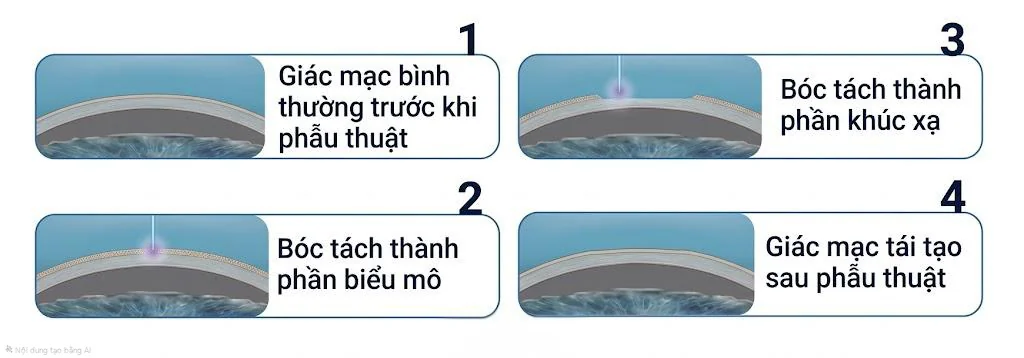 Quá trình mổ cận SmartSurface diễn ra rất nhẹ nhàng và được thực hiện hoàn toàn bằng hệ thống laser Excimer (điển hình như các dòng máy SCHWIND AMARIS). Quy trình bao gồm các bước cơ bản sau:  Bước 1: Gây tê: Bác sĩ tiến hành nhỏ thuốc tê bề mặt mắt để bệnh nhân không cảm thấy đau đớn.  Bước 2: Bóc tách biểu mô bằng Laser: Tia laser Excimer được chiếu trực tiếp lên bề mặt giác mạc để bóc tách nhẹ nhàng lớp biểu mô ngoài cùng.  Bước 3: Khử độ khúc xạ: Ngay sau đó, tia laser Excimer tiếp tục gọt giũa và điều chỉnh hình dạng lớp nhu mô bên dưới để loại bỏ hoàn toàn tật khúc xạ (cận thị, loạn thị).  Bước 4: Bảo vệ bề mặt giác mạc: Kết thúc quá trình chiếu laser, bác sĩ sẽ đặt một kính áp tròng mềm (contact lens) lên mắt bệnh nhân. Kính này có tác dụng như một lớp màng bảo vệ giác mạc, giúp lớp biểu mô tự tái tạo và lành lại